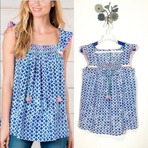 Matilda Jane Adventure Begins Womens Wandering Waters Top Blue Smocked Small - Picture 1 of 12